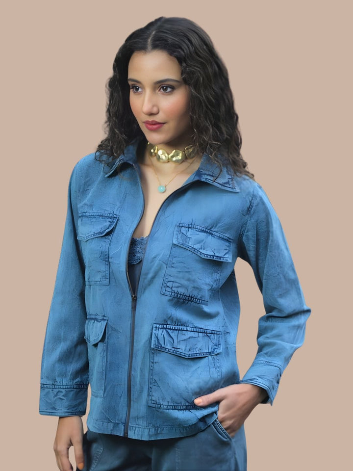 Avani Del Amour Jacket Desert Cactus Embroidered Utility Jacket –Denim Cotton Twill