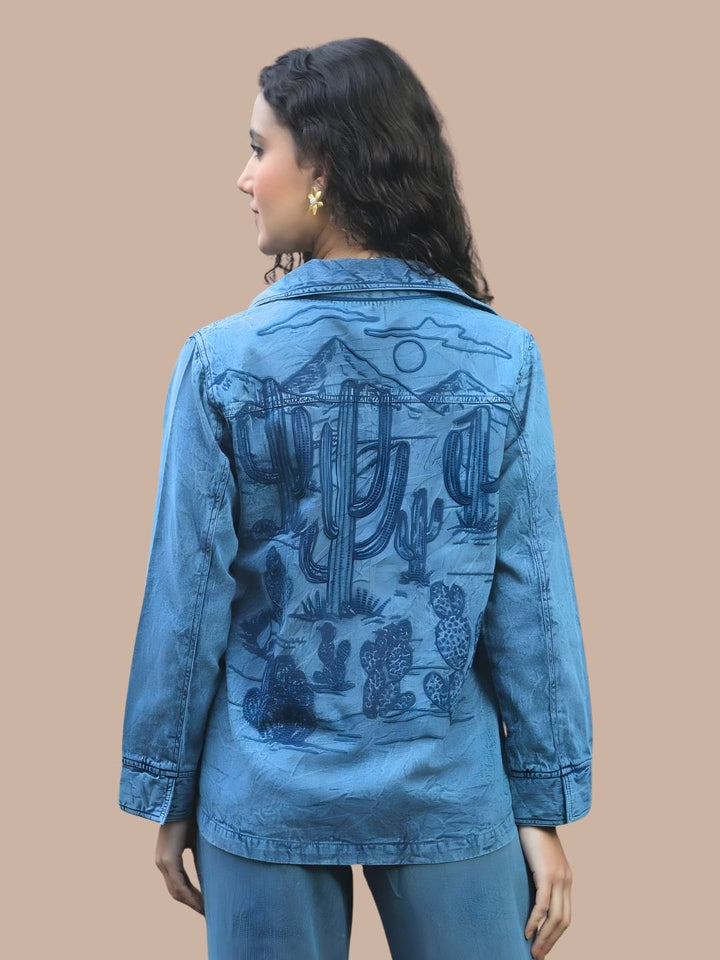 Avani Del Amour Jacket Desert Cactus Embroidered Utility Jacket –Denim Cotton Twill
