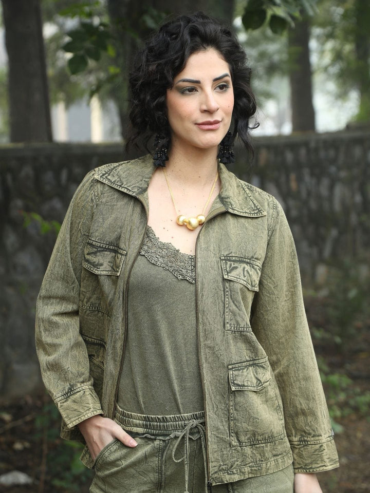 Avani Del Amour Jacket Desert Cactus Embroidered Utility Jacket – Olive Green Cotton Twill