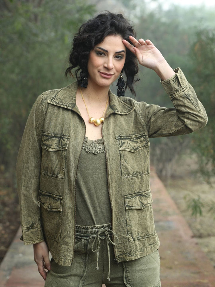 Avani Del Amour Jacket Desert Cactus Embroidered Utility Jacket – Olive Green Cotton Twill