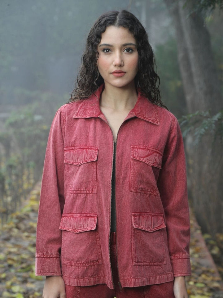 Avani Del Amour Jacket Desert Cactus Embroidered Utility Jacket – Wine Cotton Twill