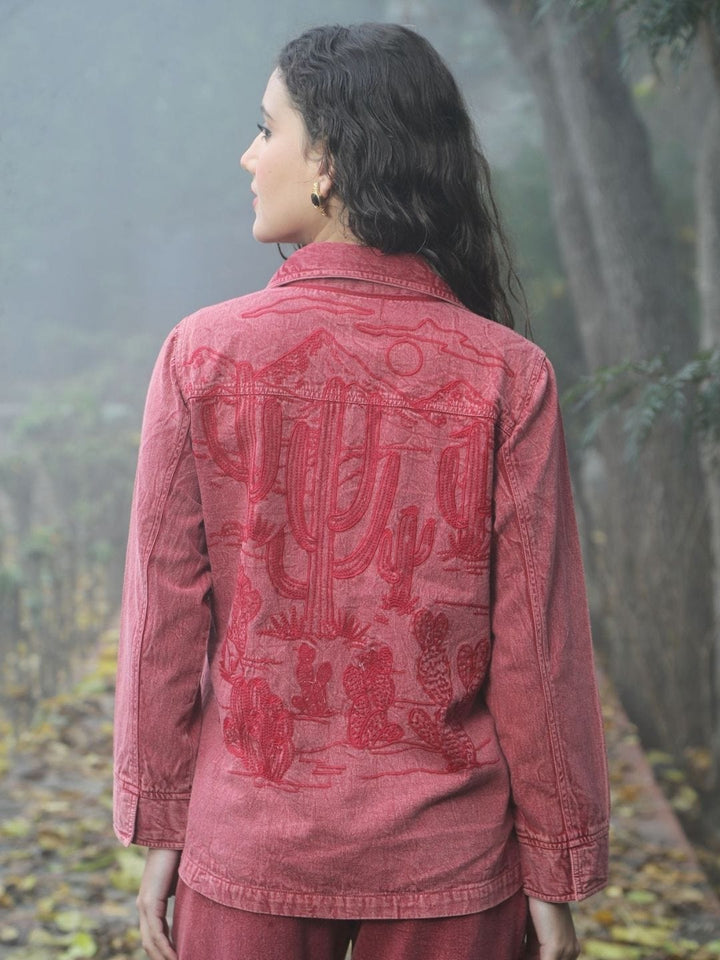 Avani Del Amour Jacket Desert Cactus Embroidered Utility Jacket – Wine Cotton Twill