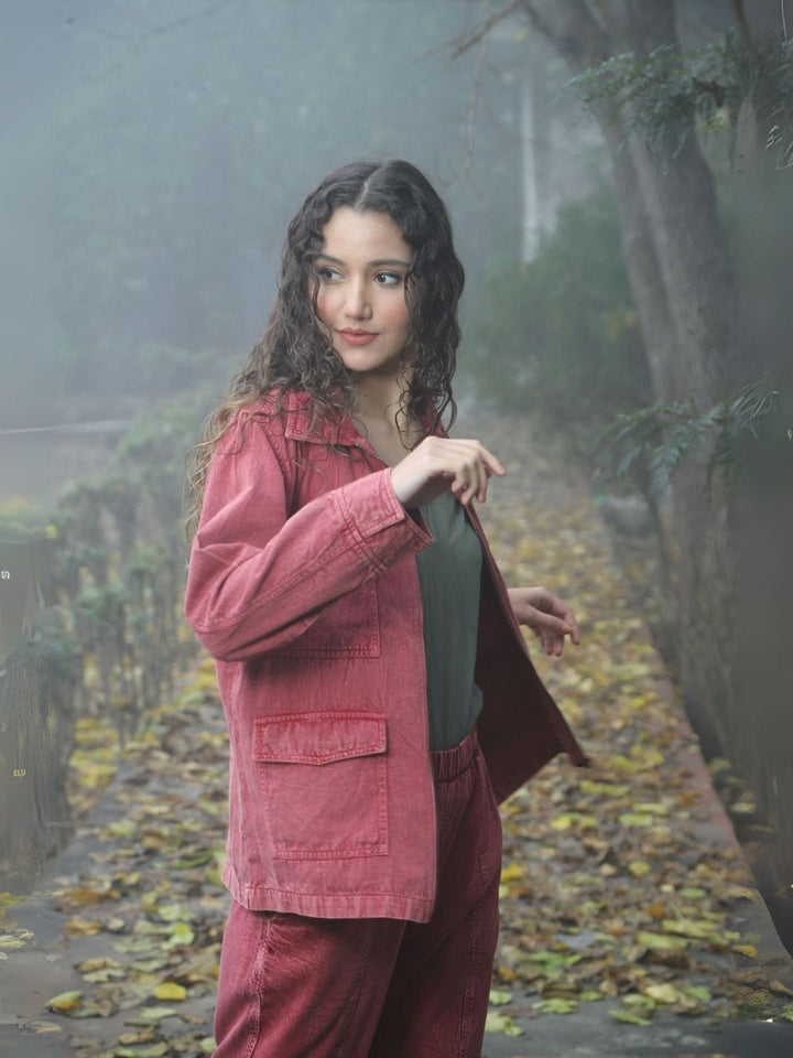 Avani Del Amour Jacket Desert Cactus Embroidered Utility Jacket – Wine Cotton Twill