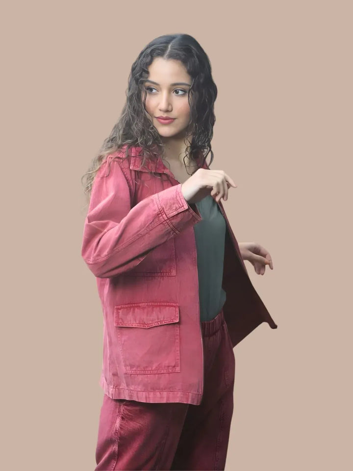 Avani Del Amour Jacket Desert Cactus Embroidered Utility Jacket – Wine Cotton Twill