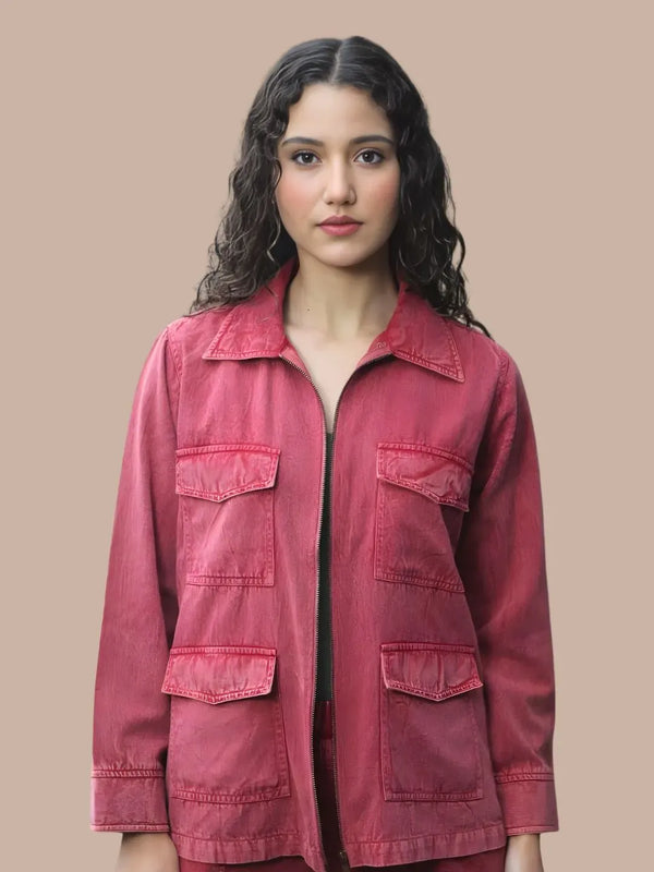 Avani Del Amour Jacket Desert Cactus Embroidered Utility Jacket – Wine Cotton Twill