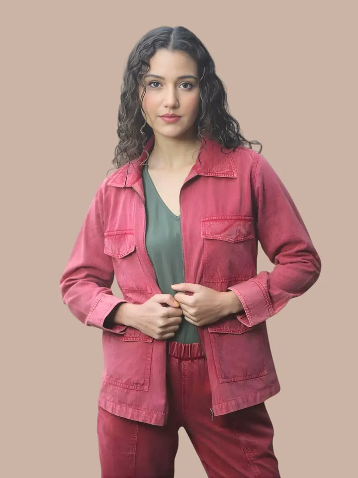 Avani Del Amour Jacket Desert Cactus Embroidered Utility Jacket – Wine Cotton Twill