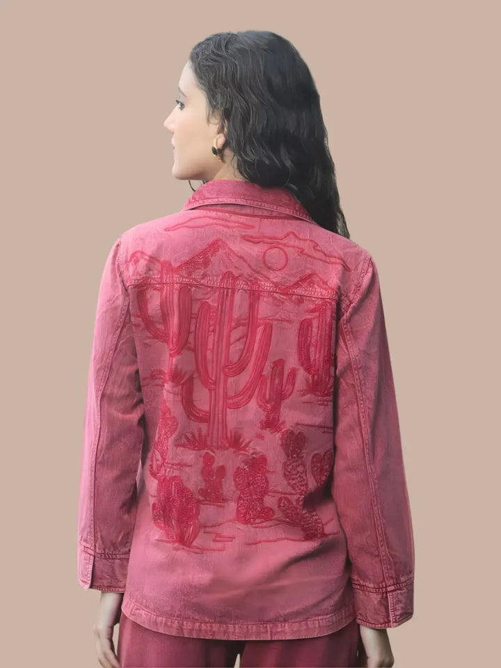Avani Del Amour Jacket Desert Cactus Embroidered Utility Jacket – Wine Cotton Twill