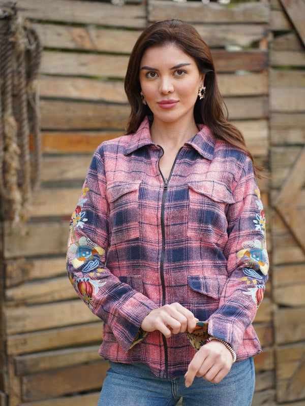 Avani Del Amour Jacket Embroidered Plaid Zip-Up Jacket