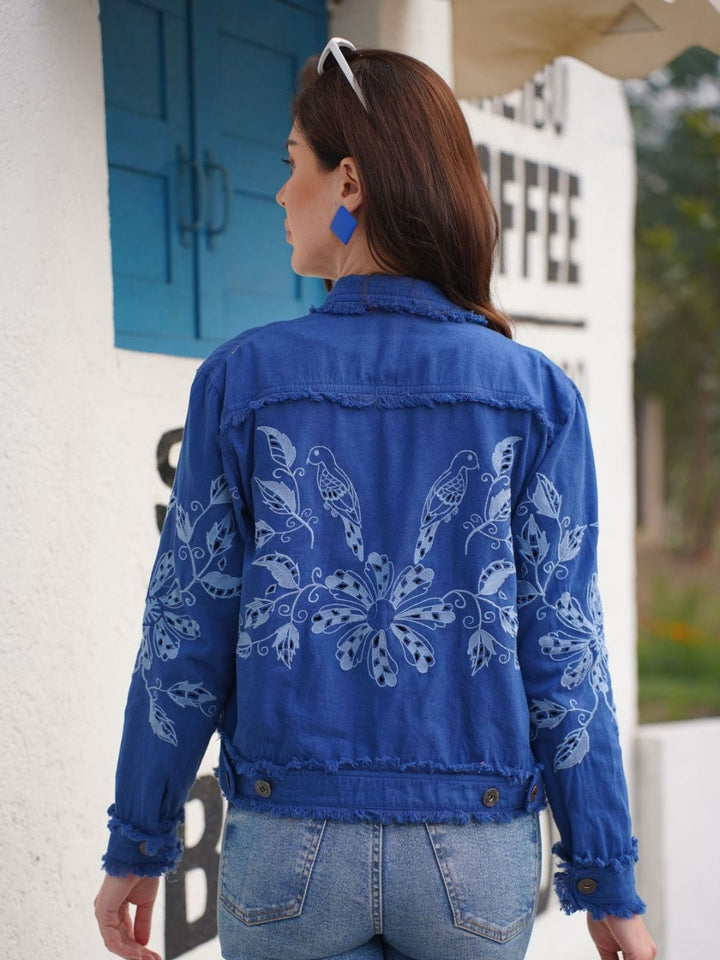 Avani Del Amour Jacket Indigo Blue Embroidered Cotton Twill Jacket