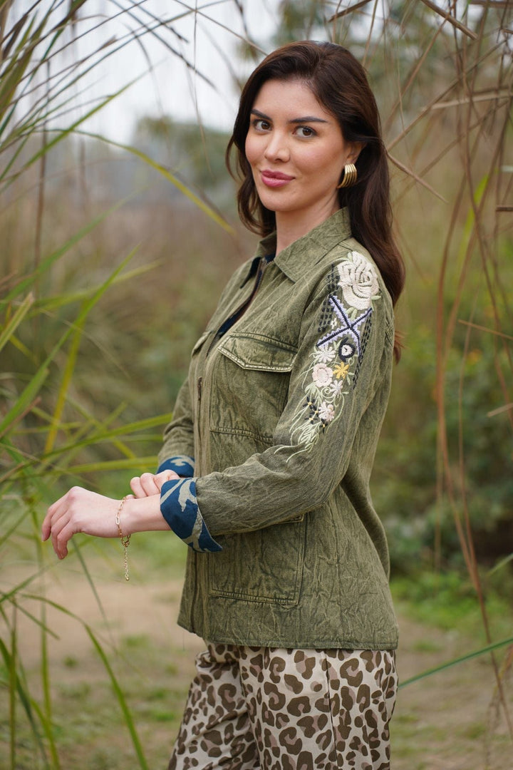 Avani Del Amour Jacket Olive Embroidered Reversible Weekender Jacket