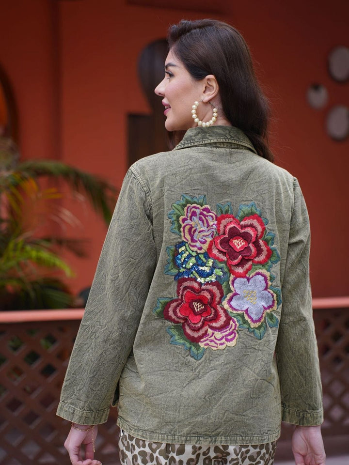 Avani Del Amour Jacket Olive Embroidered Rose Patch Utility Jacket