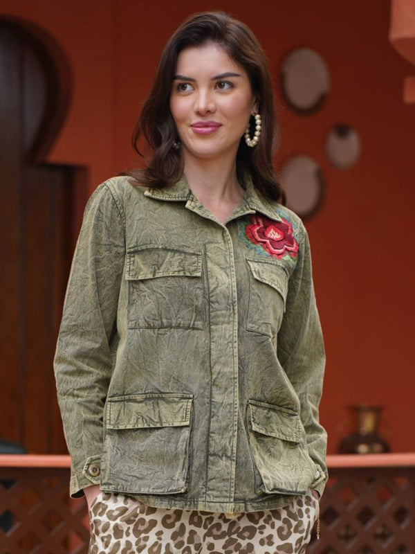 Avani Del Amour Jacket Olive Embroidered Rose Patch Utility Jacket