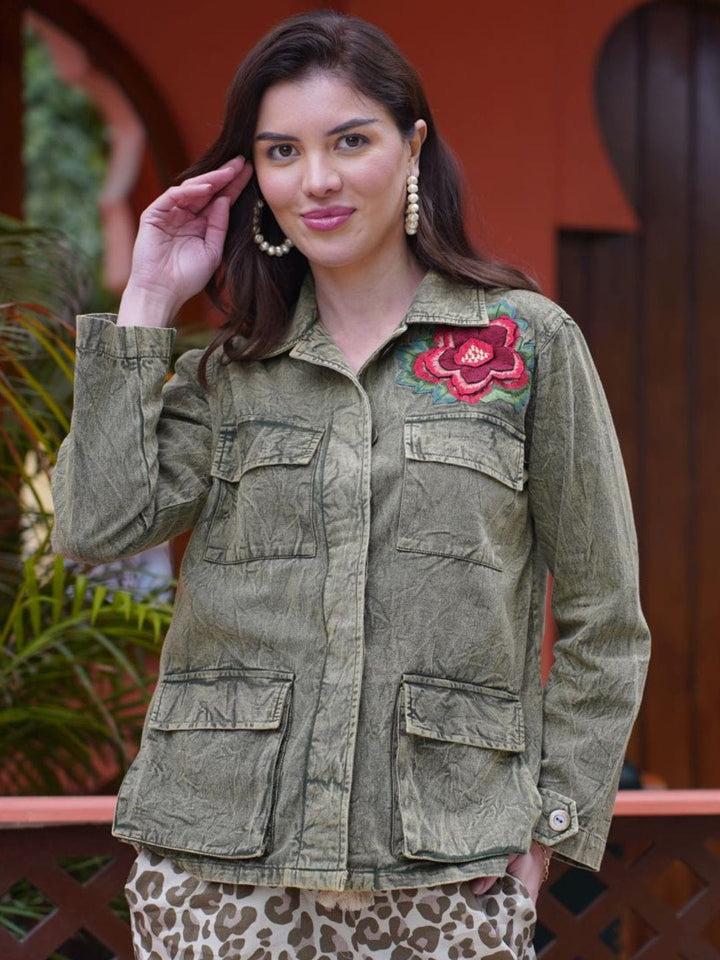 Avani Del Amour Jacket Olive Embroidered Rose Patch Utility Jacket