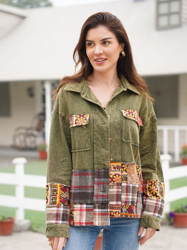 Avani Del Amour Jacket Olive Green Cotton Patchwork Jacket with Boho Prints