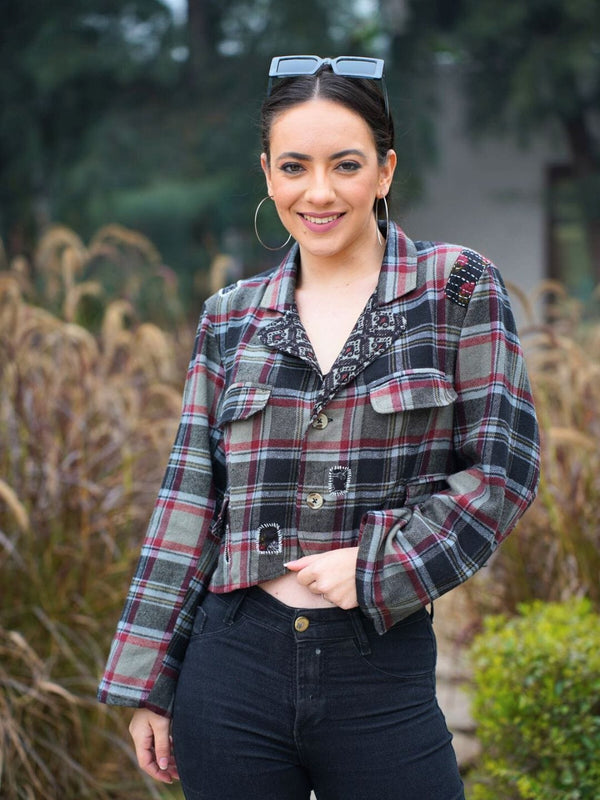 Avani Del Amour Jacket Patchwork Plaid Cropped Utility Jacket