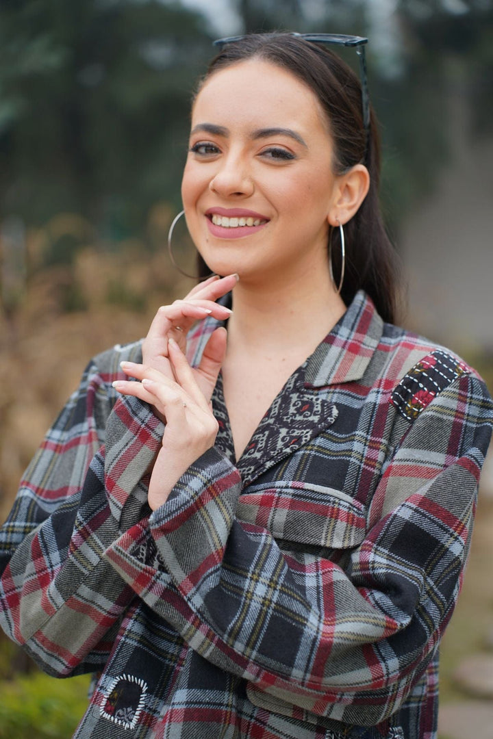 Avani Del Amour Jacket Patchwork Plaid Cropped Utility Jacket