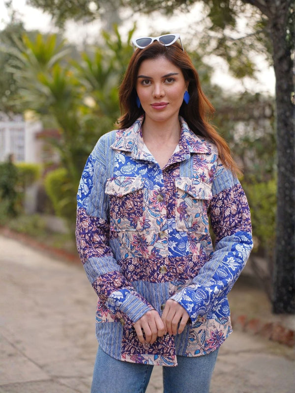 Avani Del Amour Jacket Patchwork Print Utility Shirt Jacket (Blue Tones)