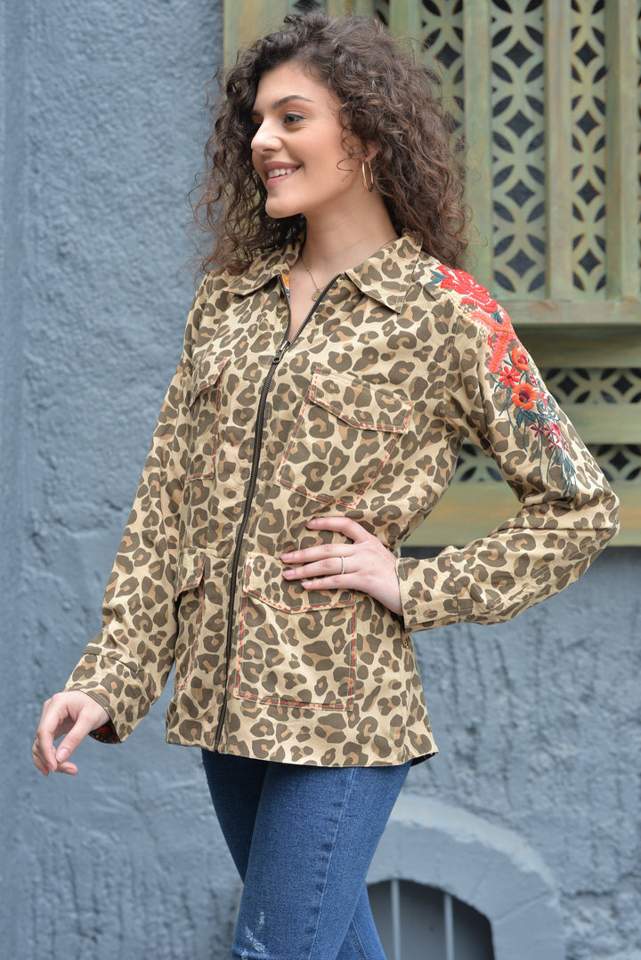 Avani Del Amour Jacket Reversible Embroidered Leopard Print Utility Jacket