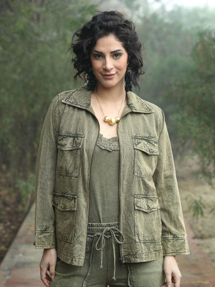 Avani Del Amour Jacket Vintage-Dyed Utility Jacket – Olive Green Cotton Twill