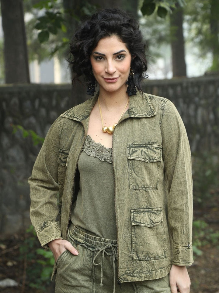 Avani Del Amour Jacket Vintage-Dyed Utility Jacket – Olive Green Cotton Twill
