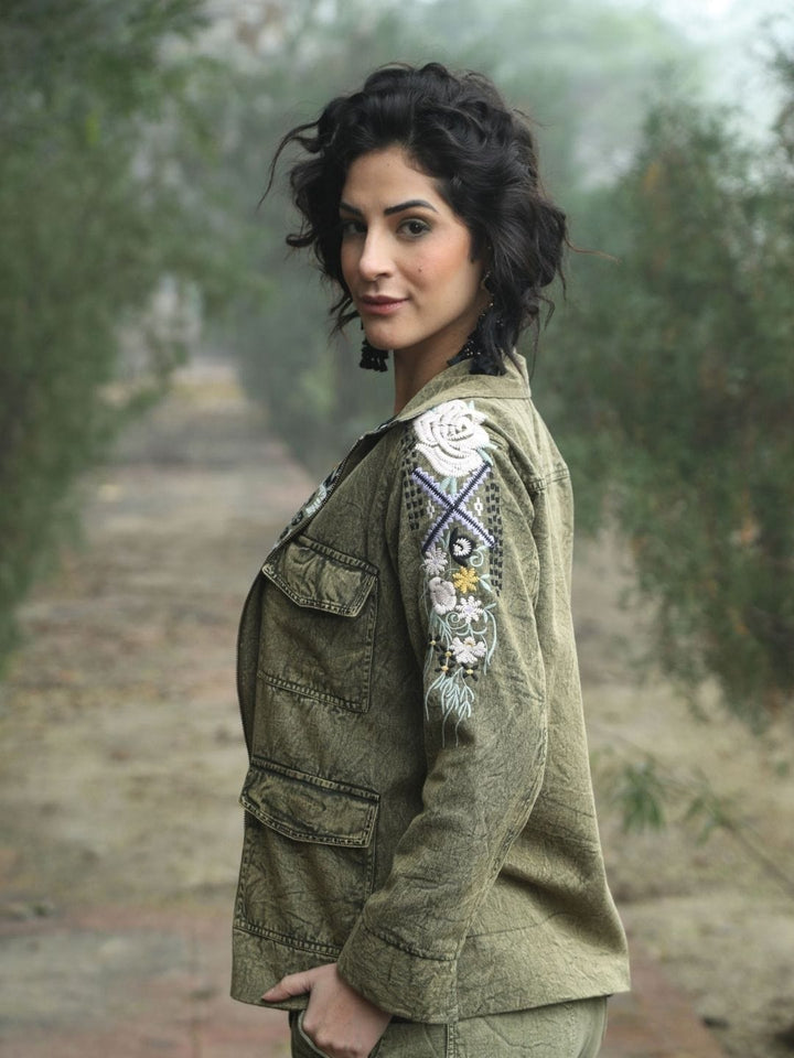 Avani Del Amour Jacket Vintage-Dyed Utility Jacket – Olive Green Cotton Twill