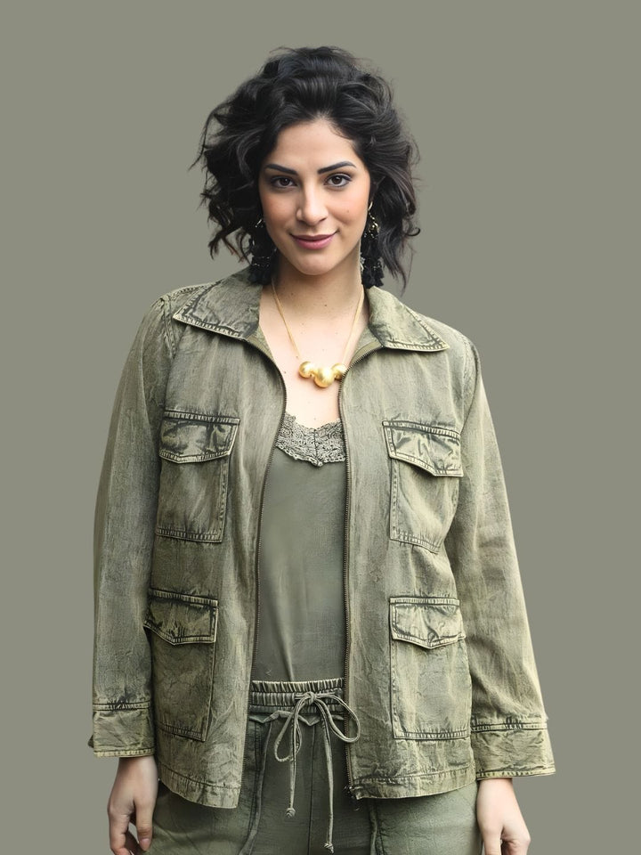Avani Del Amour Jacket Vintage-Dyed Utility Jacket – Olive Green Cotton Twill