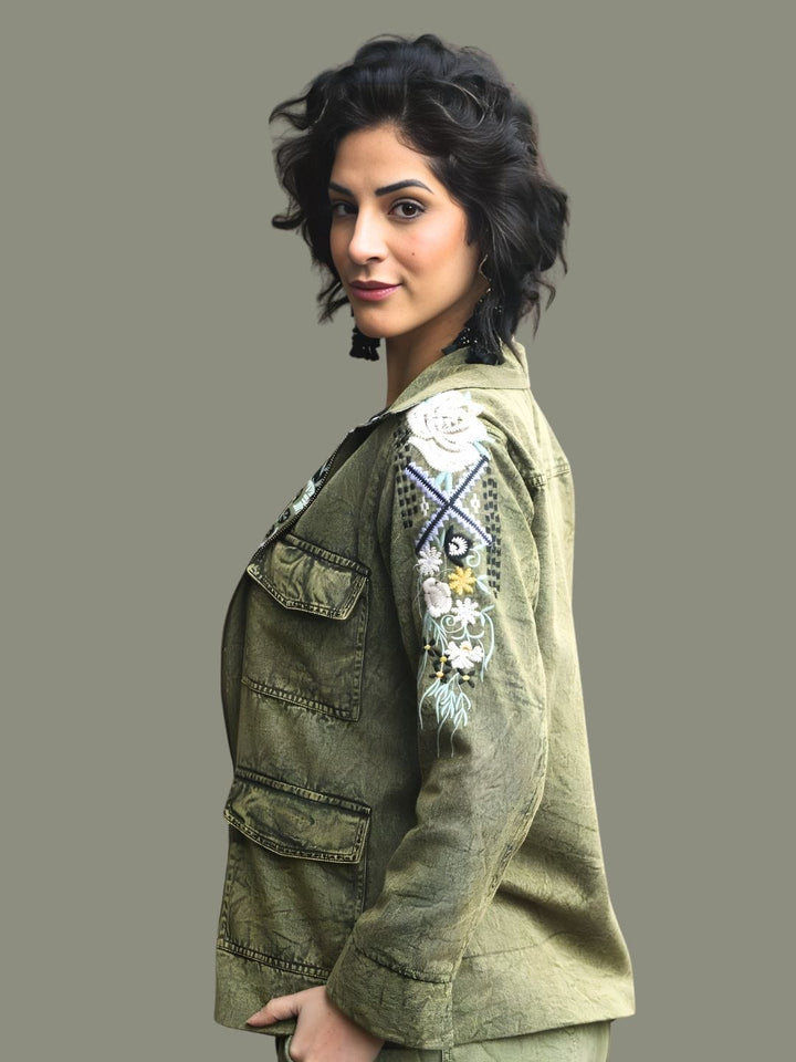 Avani Del Amour Jacket Vintage-Dyed Utility Jacket – Olive Green Cotton Twill