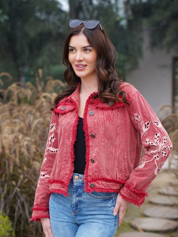 Avani Del Amour Jacket Wine Embroidered Cotton Twill Jacket