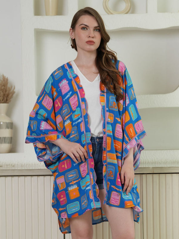 Avani Del Amour Kimono Blue Multicolor Graphic Print Kimono