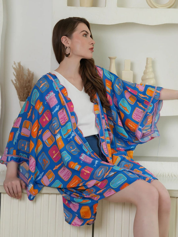 Avani Del Amour Kimono Blue Multicolor Graphic Print Kimono