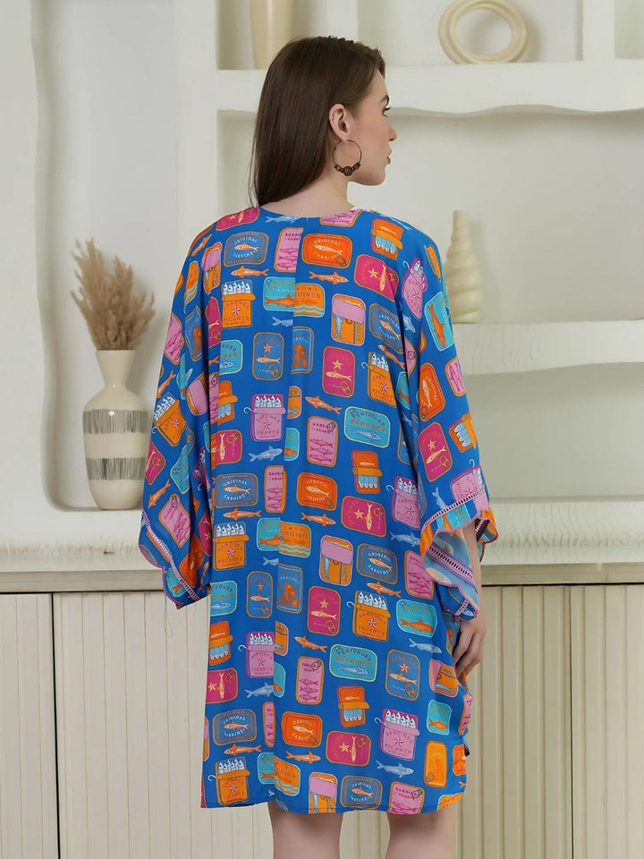 Avani Del Amour Kimono Blue Multicolor Graphic Print Kimono