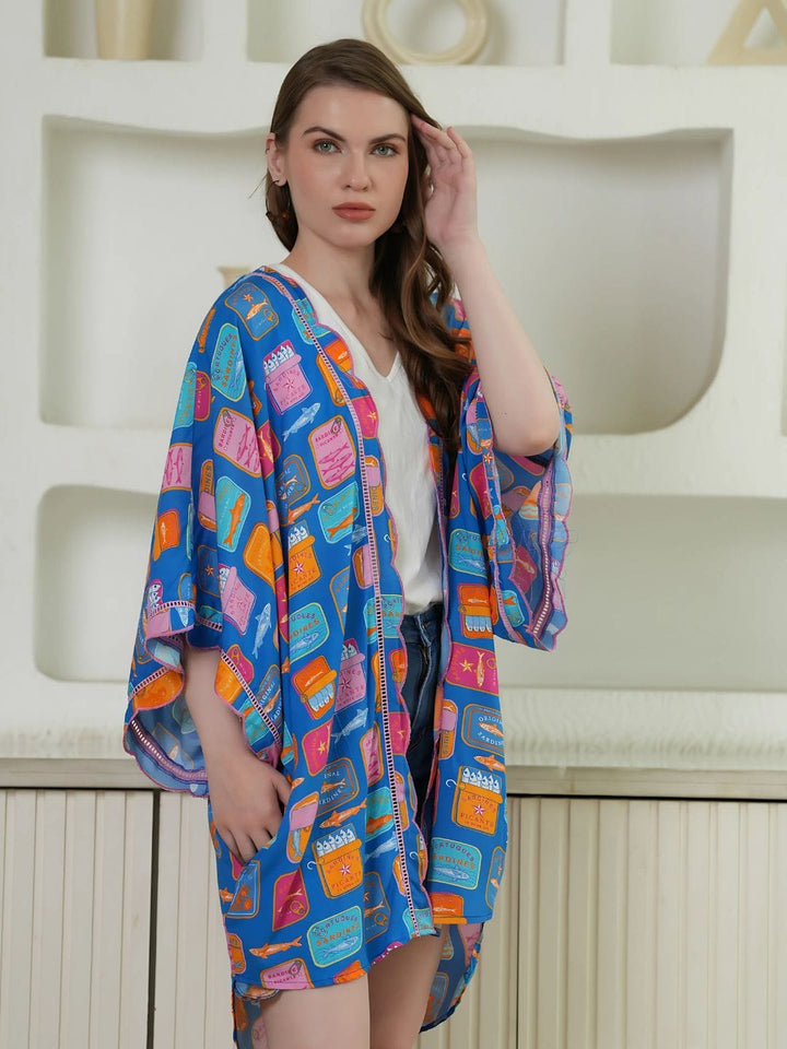 Avani Del Amour Kimono Blue Multicolor Graphic Print Kimono