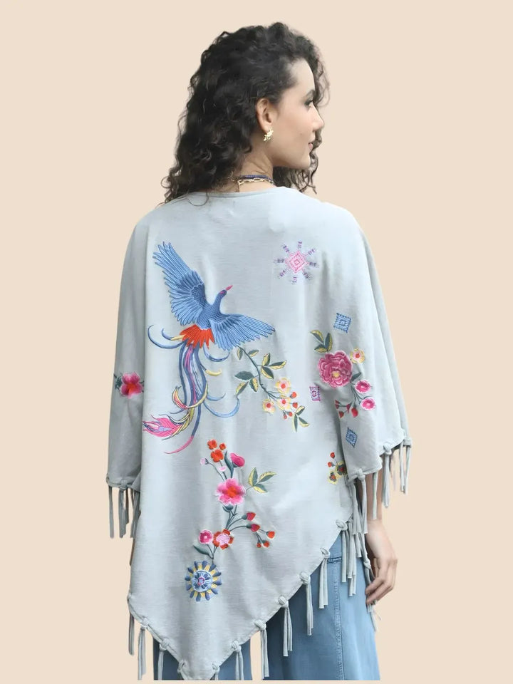 Avani Del Amour Kimono Boho Bloom Embroidered Fringe Kimono – Grey