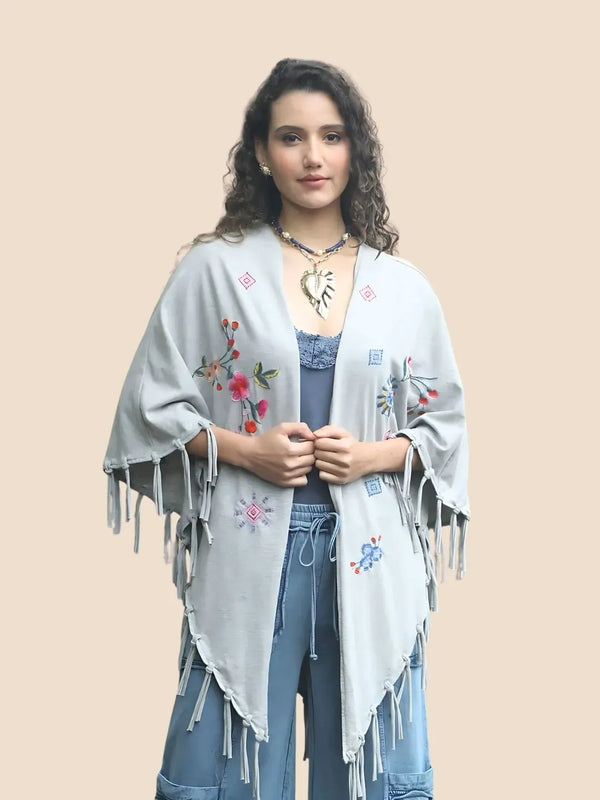 Avani Del Amour Kimono Boho Bloom Embroidered Fringe Kimono – Grey