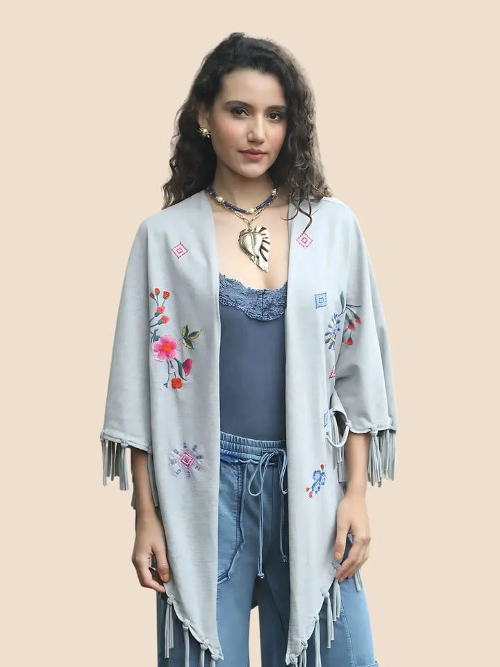 Avani Del Amour Kimono Boho Bloom Embroidered Fringe Kimono – Grey