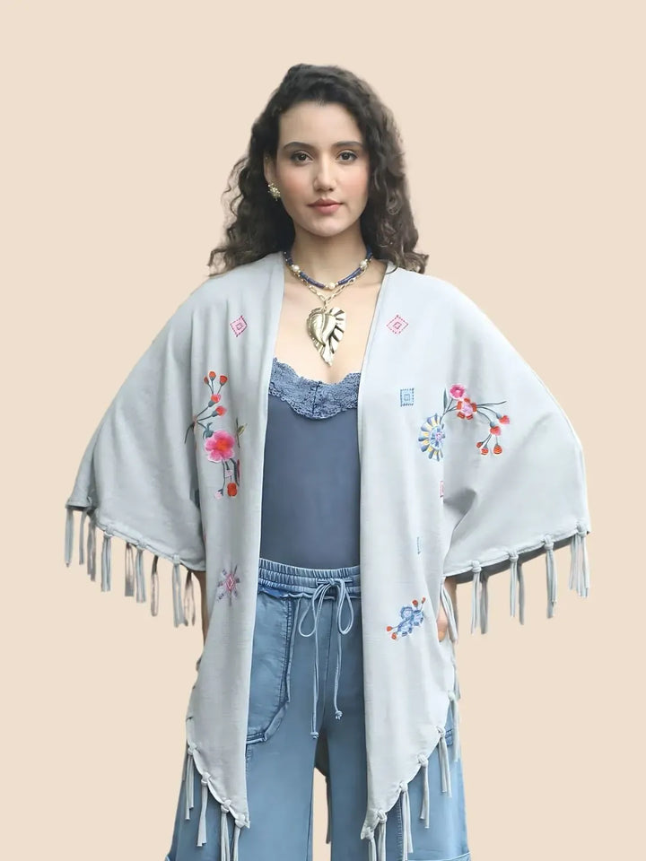 Avani Del Amour Kimono Boho Bloom Embroidered Fringe Kimono – Grey