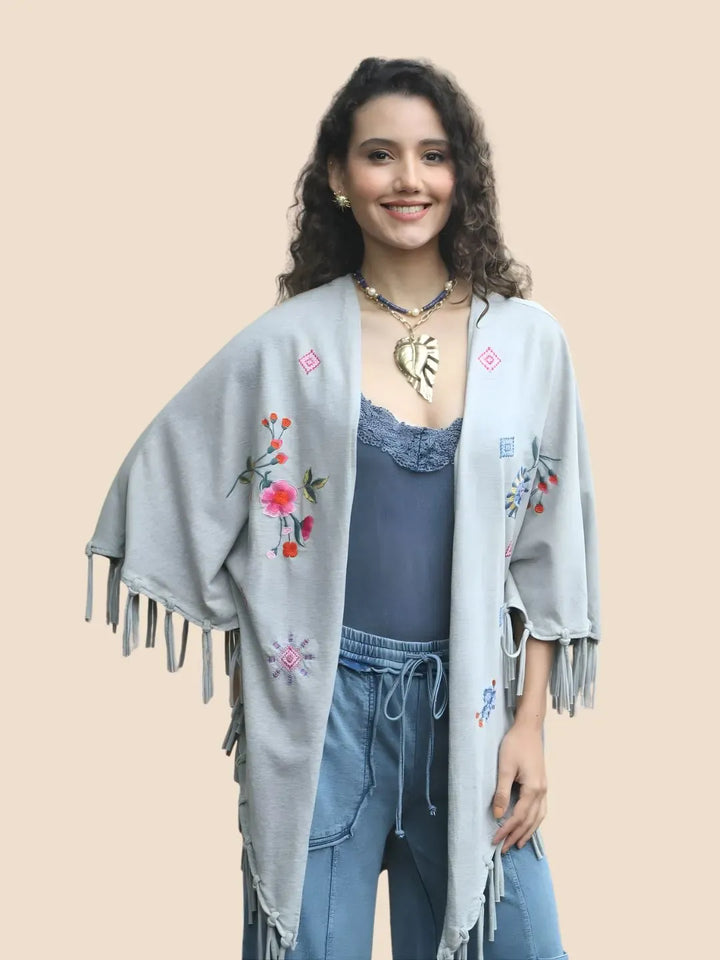 Avani Del Amour Kimono Boho Bloom Embroidered Fringe Kimono – Grey