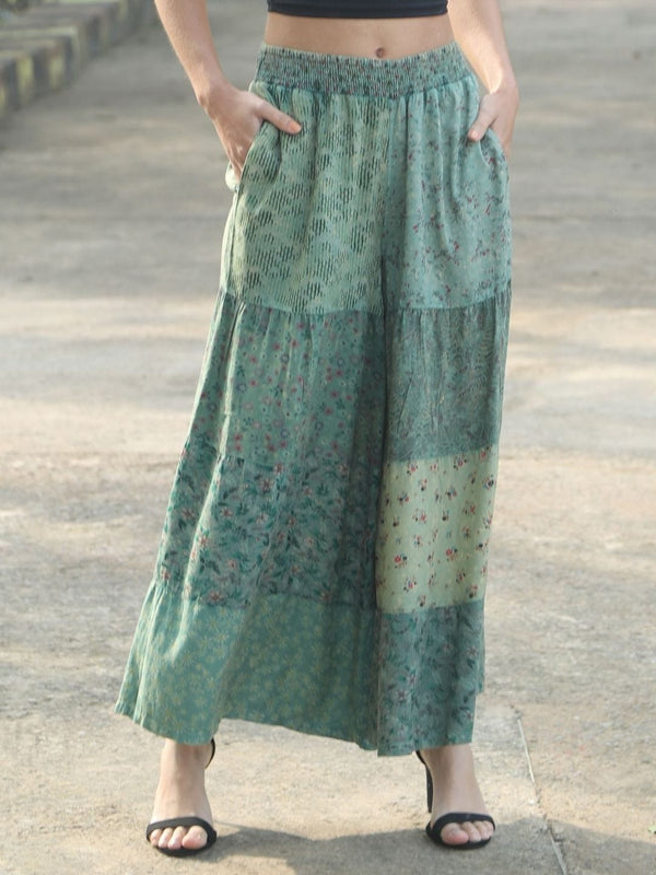 Avani Del Amour Pant Green Boho Patchwork Wide-Leg Pants