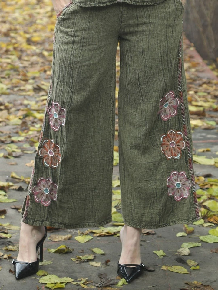 Avani Del Amour Pant Olive Bloom & Breeze Embroidered Wide-Leg Pants