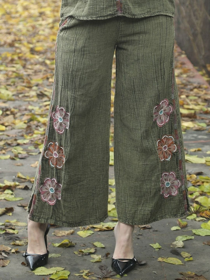 Avani Del Amour Pant Olive Bloom & Breeze Embroidered Wide-Leg Pants