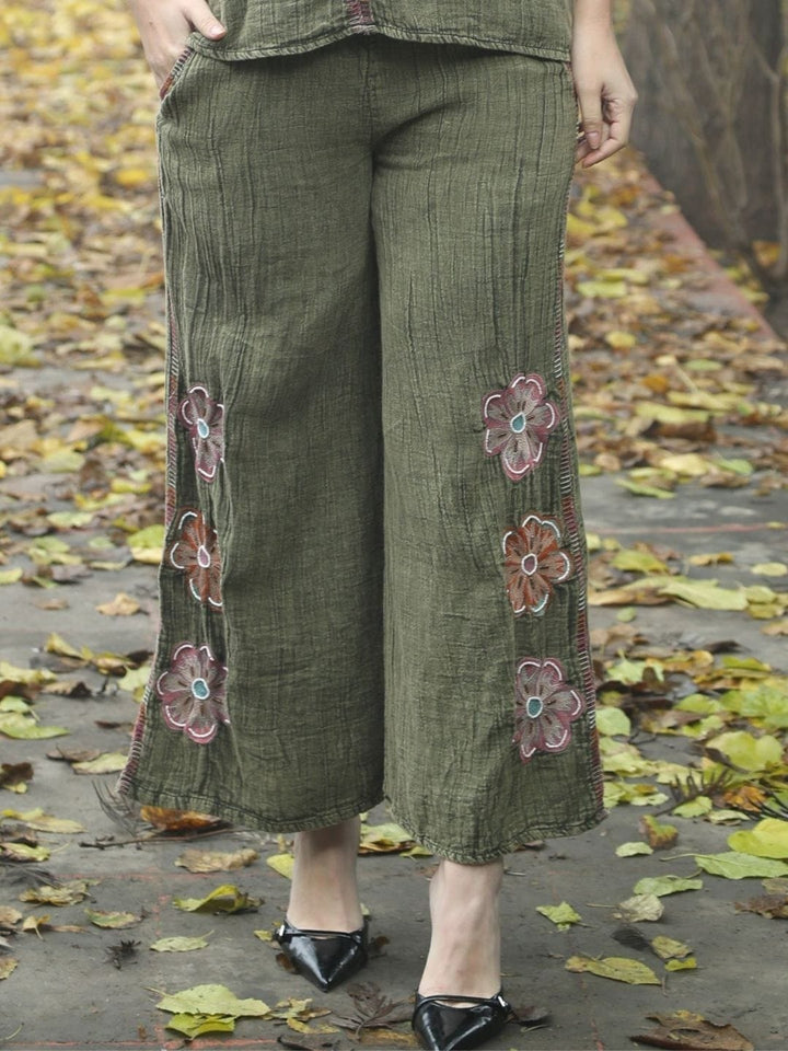 Avani Del Amour Pant Olive Bloom & Breeze Embroidered Wide-Leg Pants