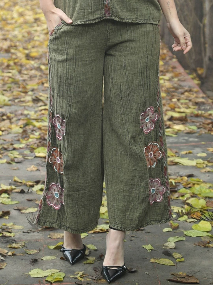 Avani Del Amour Pant Olive Bloom & Breeze Embroidered Wide-Leg Pants