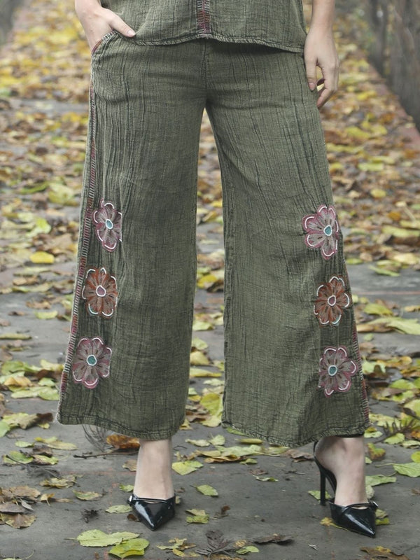 Avani Del Amour Pant Olive Bloom & Breeze Embroidered Wide-Leg Pants