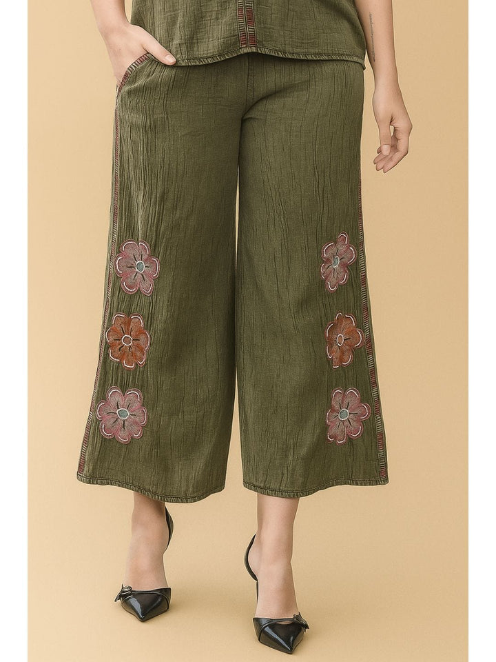 Avani Del Amour Pant Olive Bloom & Breeze Embroidered Wide-Leg Pants