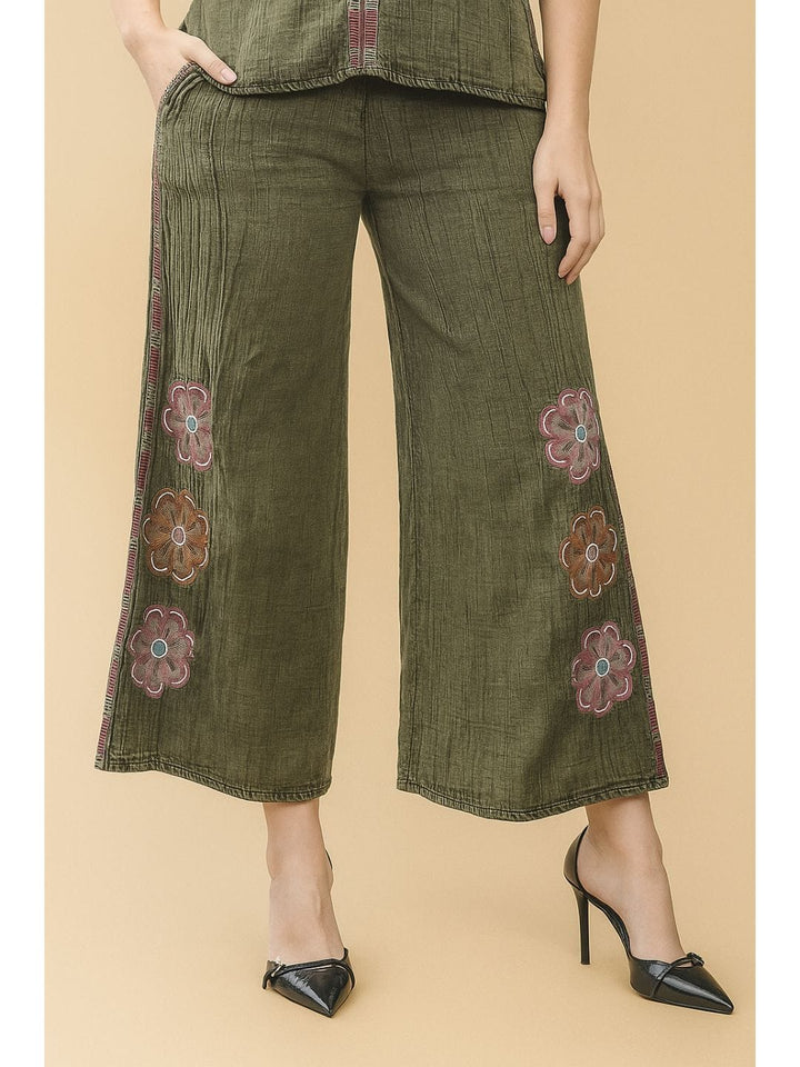 Avani Del Amour Pant Olive Bloom & Breeze Embroidered Wide-Leg Pants