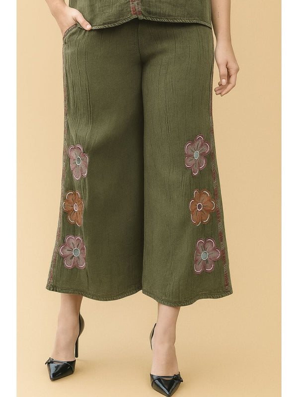 Avani Del Amour Pant Olive Bloom & Breeze Embroidered Wide-Leg Pants