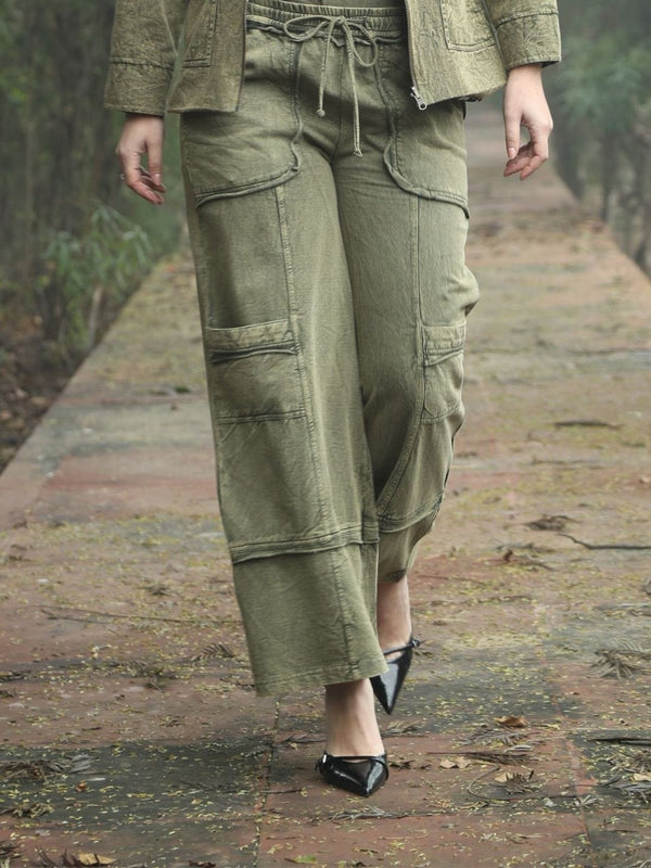 Avani Del Amour Pant Wide-Leg Utility Pants – Olive Green Cotton Twill with Patch Pockets