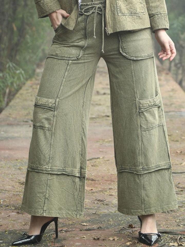 Avani Del Amour Pant Wide-Leg Utility Pants – Olive Green Cotton Twill with Patch Pockets