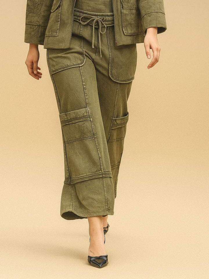Avani Del Amour Pant Wide-Leg Utility Pants – Olive Green Cotton Twill with Patch Pockets