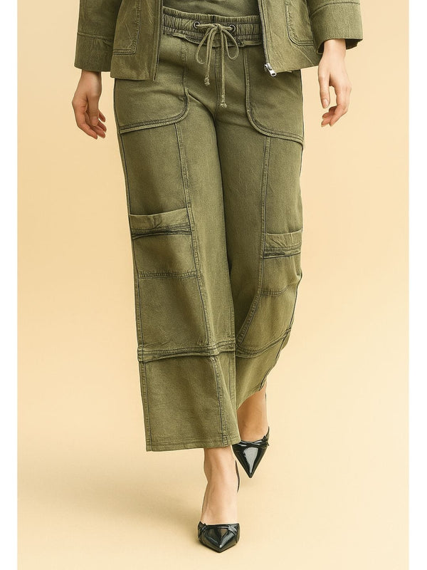 Avani Del Amour Pant Wide-Leg Utility Pants – Olive Green Cotton Twill with Patch Pockets
